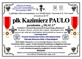 Zmarł płk Kazimierz Paulo ps. Skała