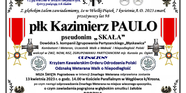 Zmarł płk Kazimierz Paulo ps. Skała